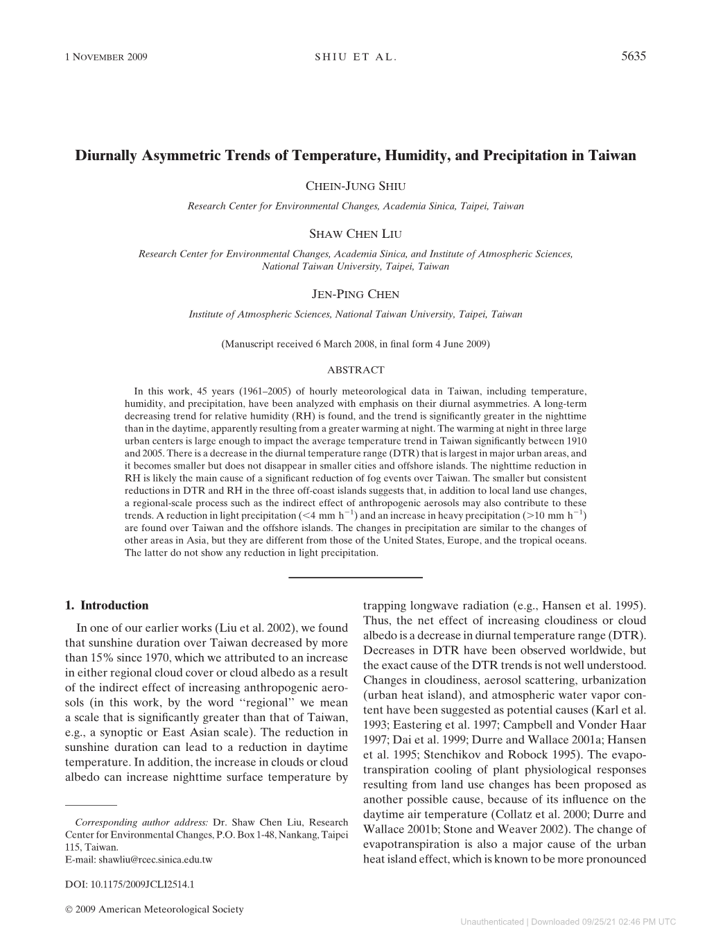 Diurnally Asymmetric Trends of Temperature, Humidity, and Precipitation in Taiwan