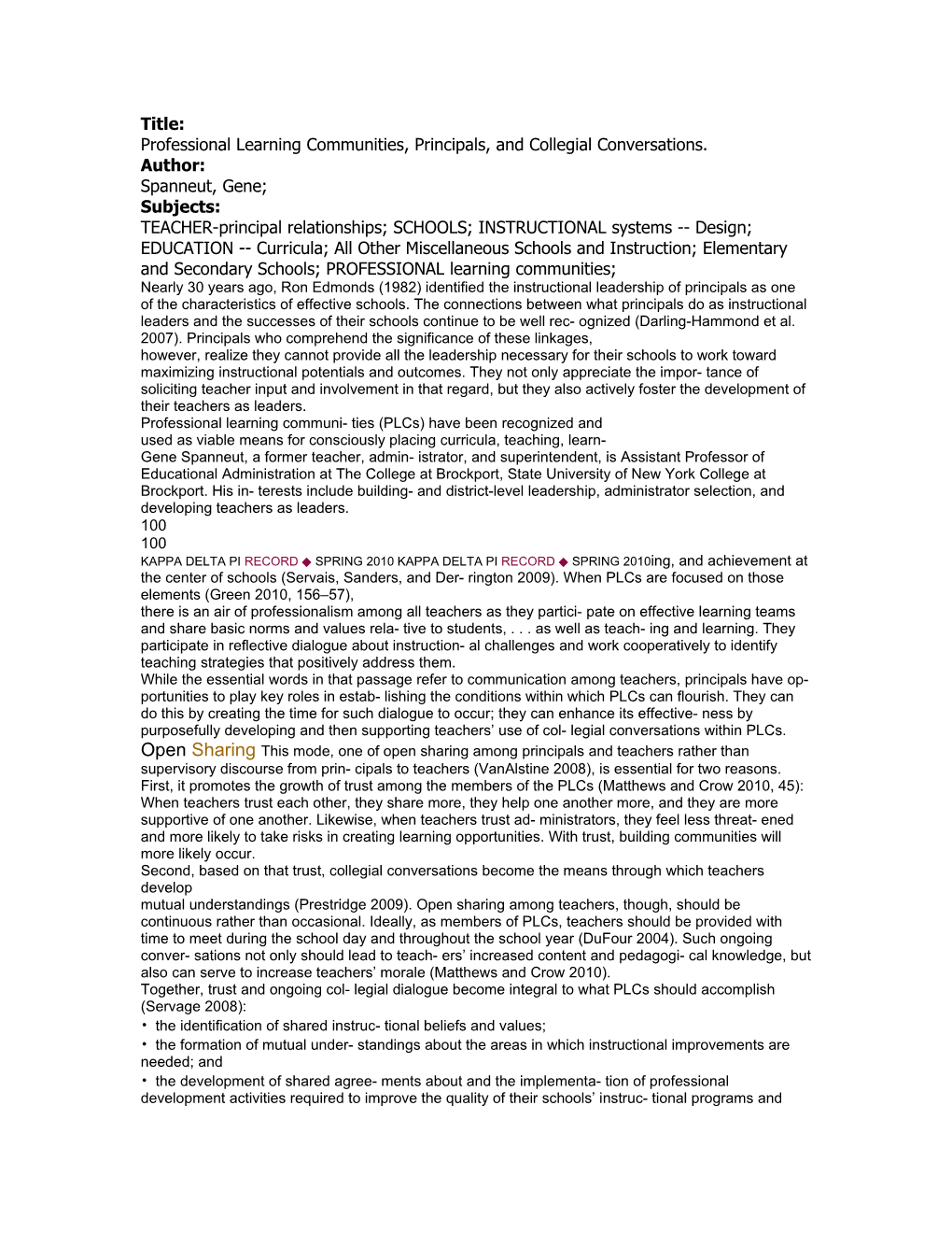 Professional Learning Communities, Principals, and Collegial Conversations