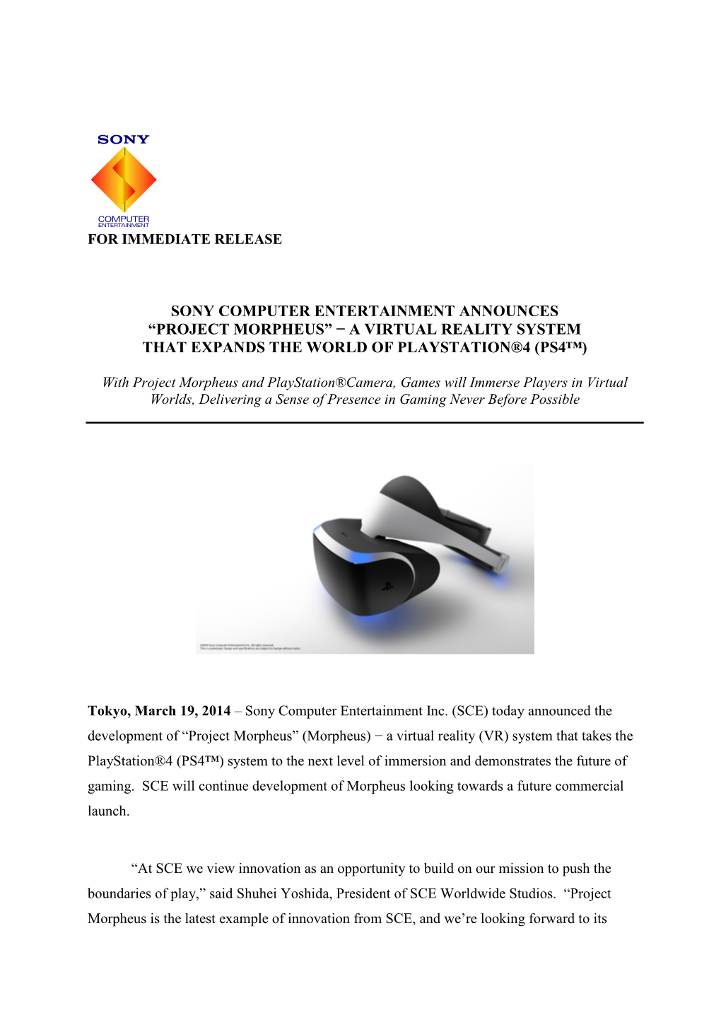 Sony Computer Entertainment Announces "Project Morpheus"