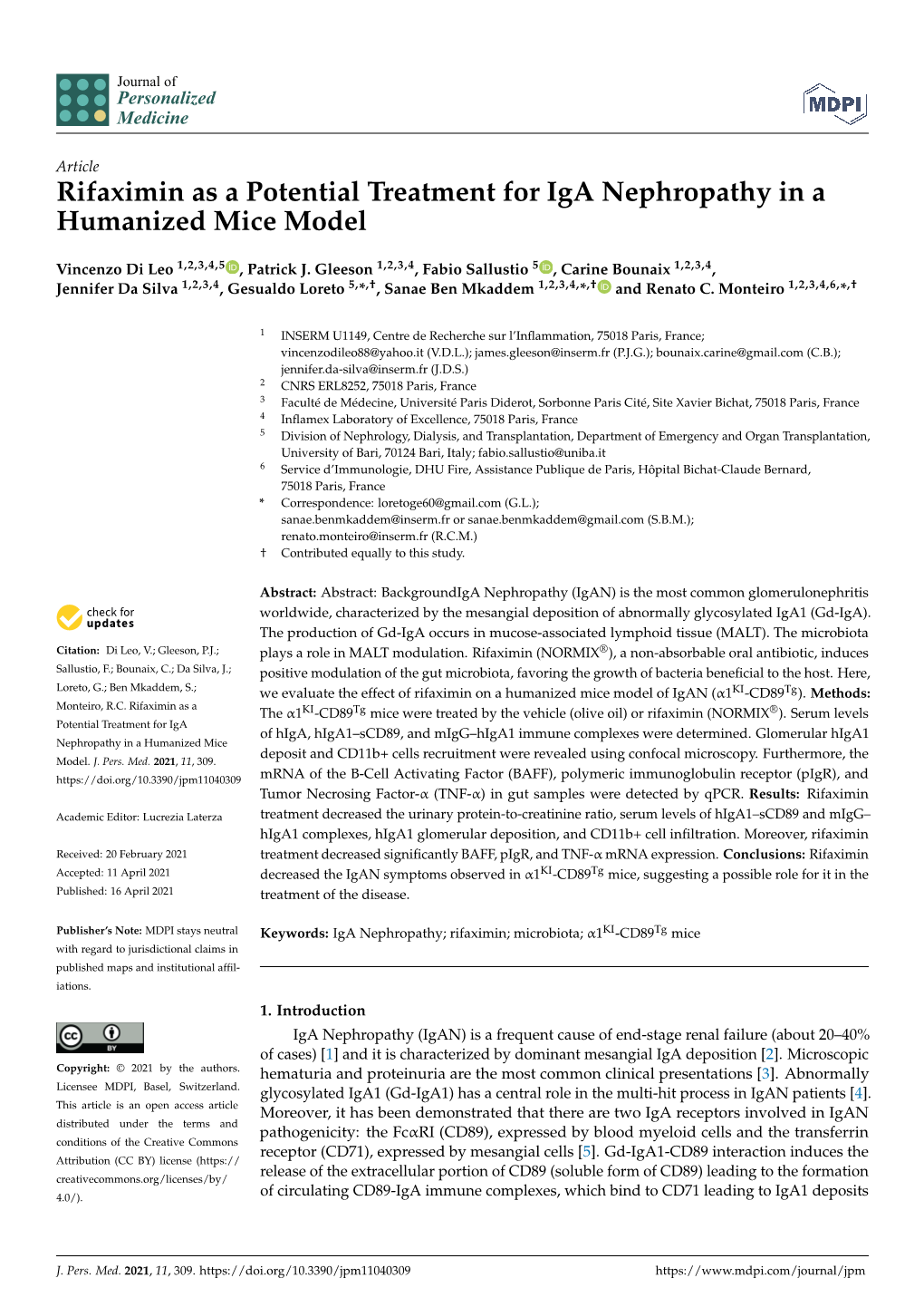 Rifaximin As a Potential Treatment for Iga Nephropathy in a Humanized Mice Model