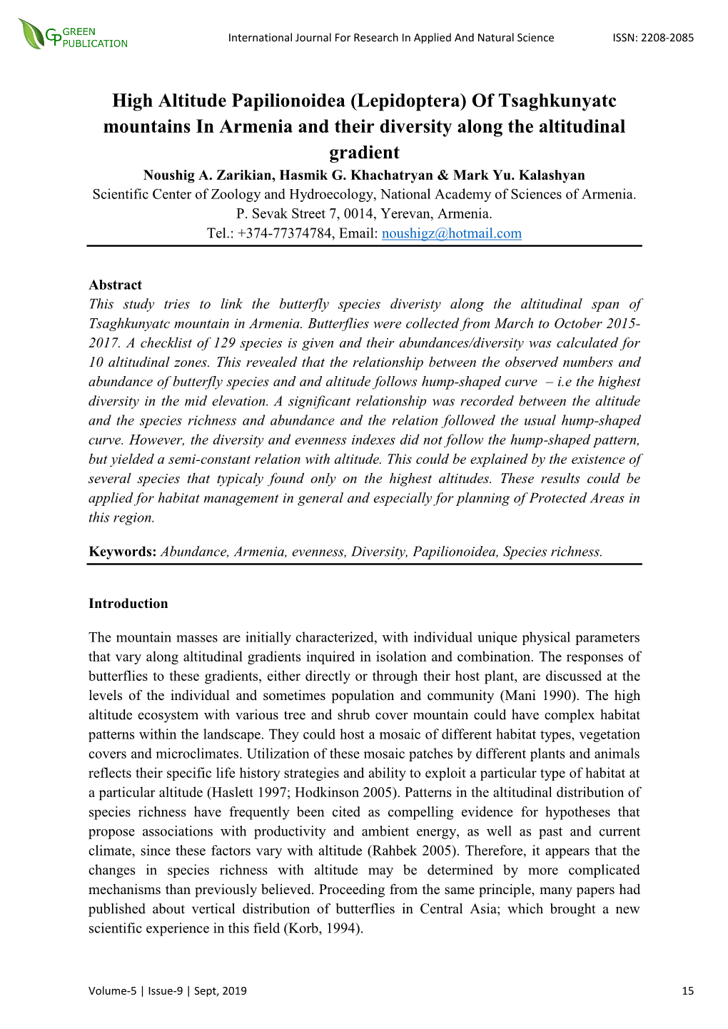 High Altitude Papilionoidea (Lepidoptera) of Tsaghkunyatc Mountains in Armenia and Their Diversity Along the Altitudinal Gradient Noushig A