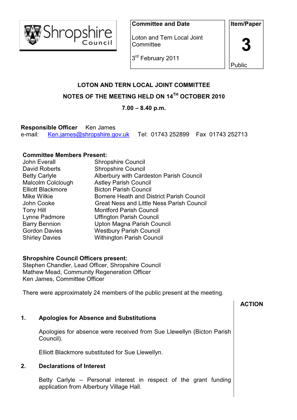 NOTES of the MEETING HELD on 14TH OCTOBER 2010 7.00 – 8.40 P.M