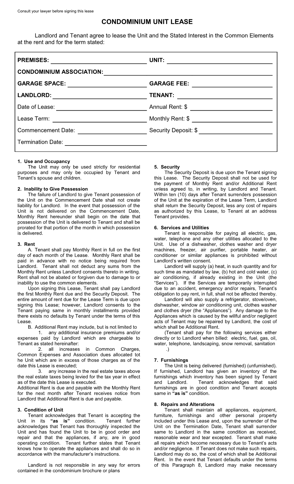 Condo Lease Agreement