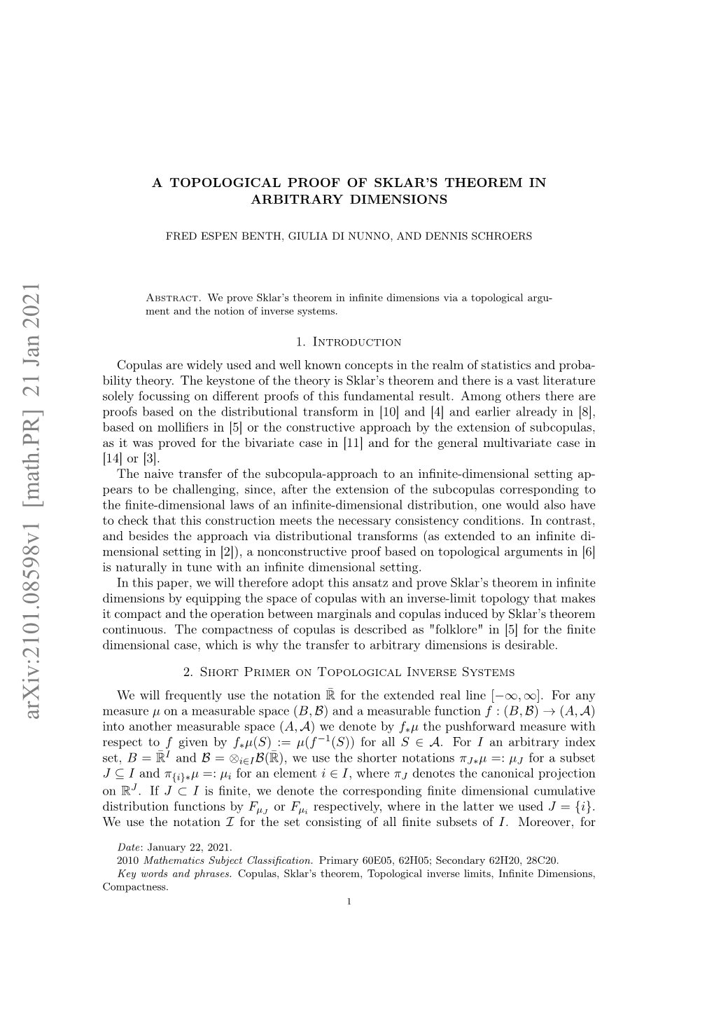 Arxiv:2101.08598V1 [Math.PR] 21 Jan 2021 Si a Rvdfrtebvraecs N[1 N O H Gene the for and [11] in Case the Bivariate by [3]