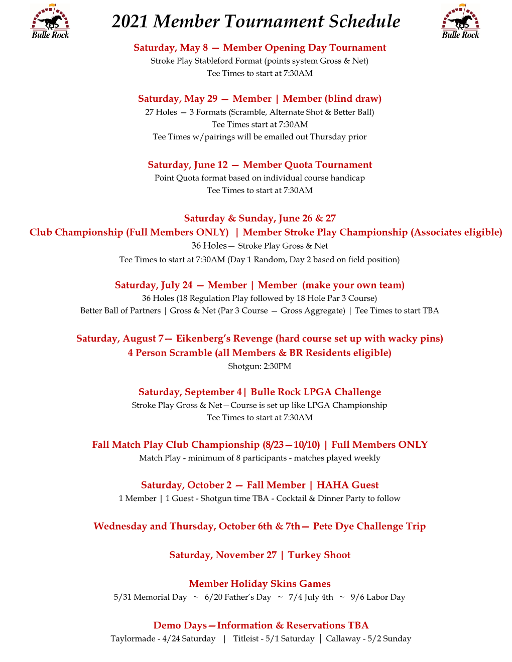 2021 Member Tournament Schedule