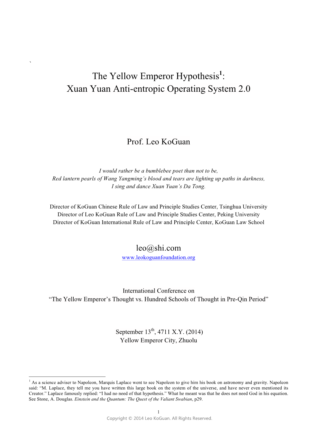 The Yellow Emperor Hypothesis1: Xuan Yuan Anti-Entropic Operating System 2.0