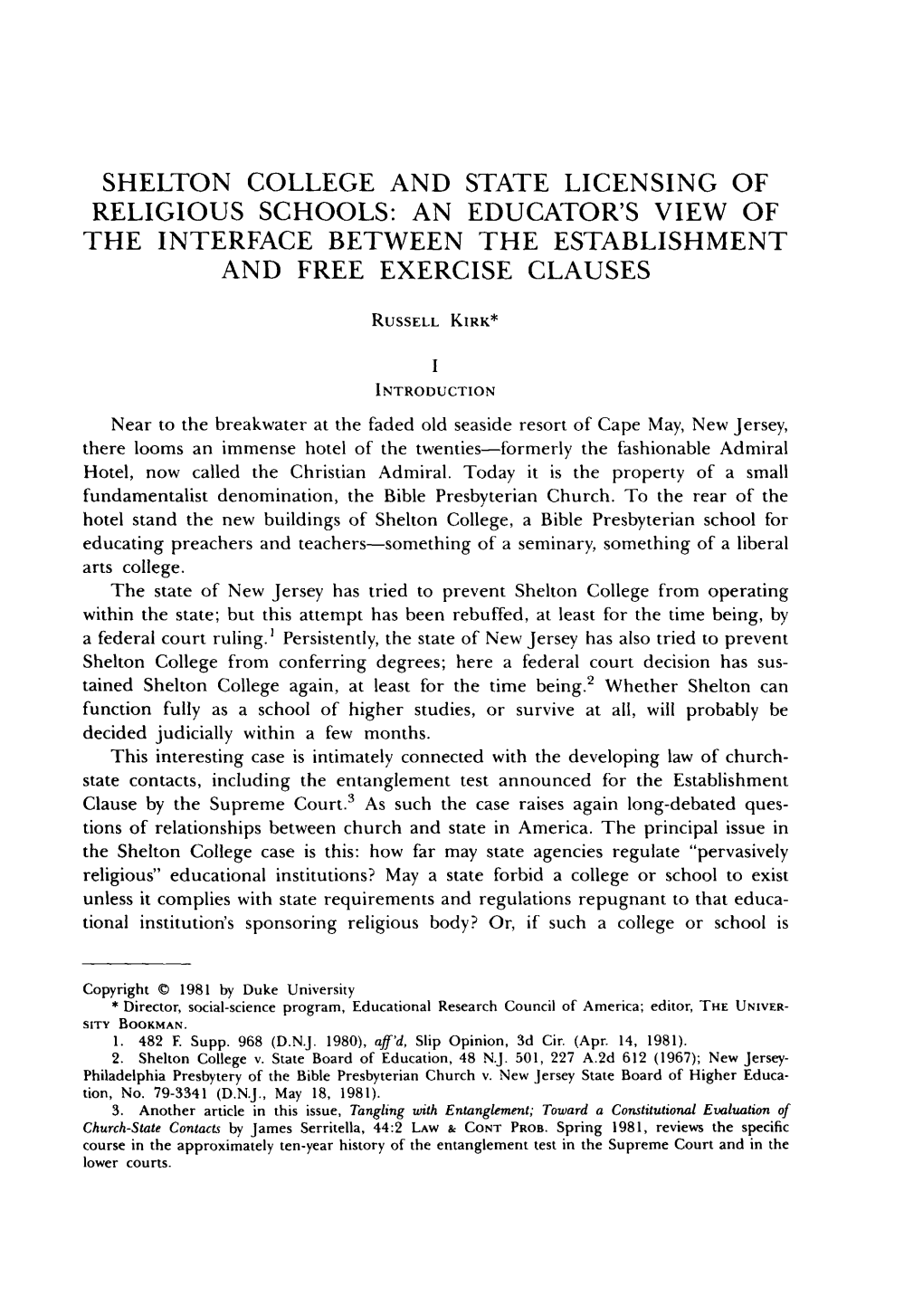 Shelton College and State Licensing of Religious Schools: an Educator's View of the Interface Between the Establishment and Free Exercise Clauses