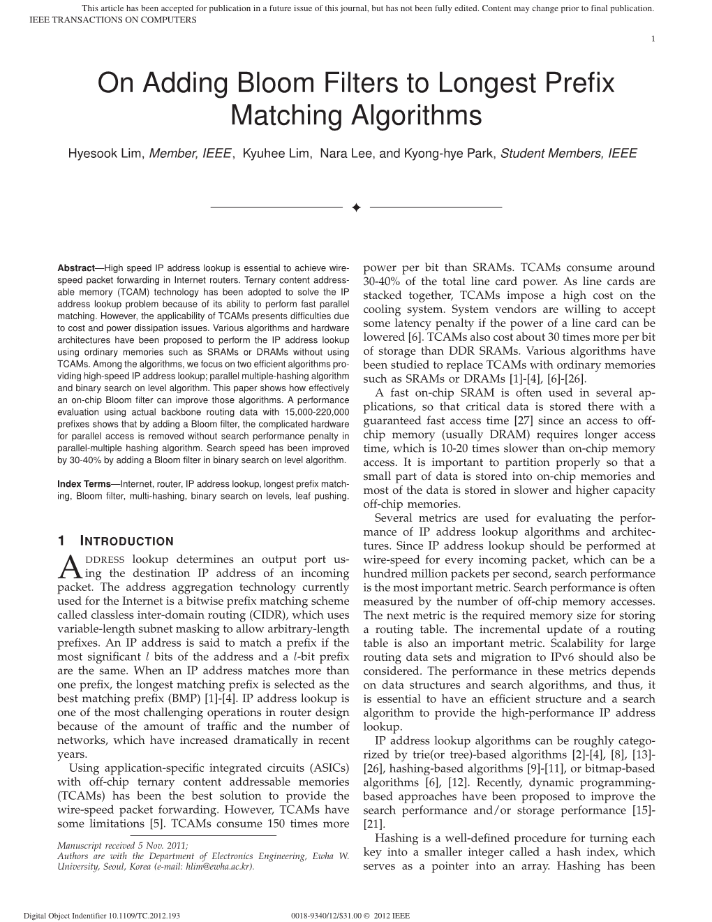 On Adding Bloom Filters to Longest Prefix Matching Algorithms