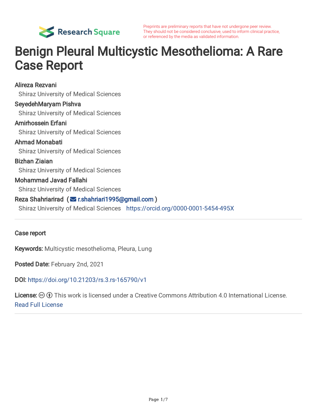 Benign Pleural Multicystic Mesothelioma: a Rare Case Report