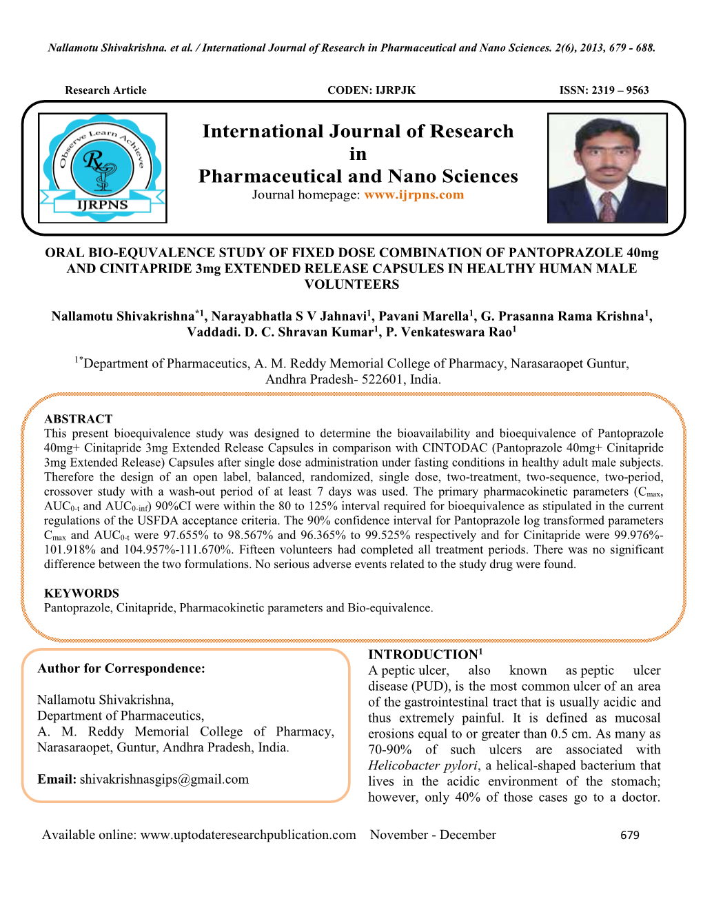 ORAL BIO-EQUVALENCE STUDY of FIXED DOSE COMBINATION of PANTOPRAZOLE 40Mg and CINITAPRIDE 3Mg EXTENDED RELEASE CAPSULES in HEALTHY HUMAN MALE VOLUNTEERS