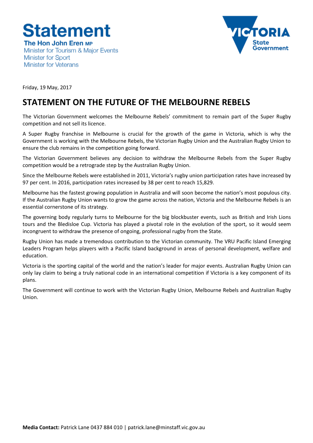Statement on the Future of the Melbourne Rebels