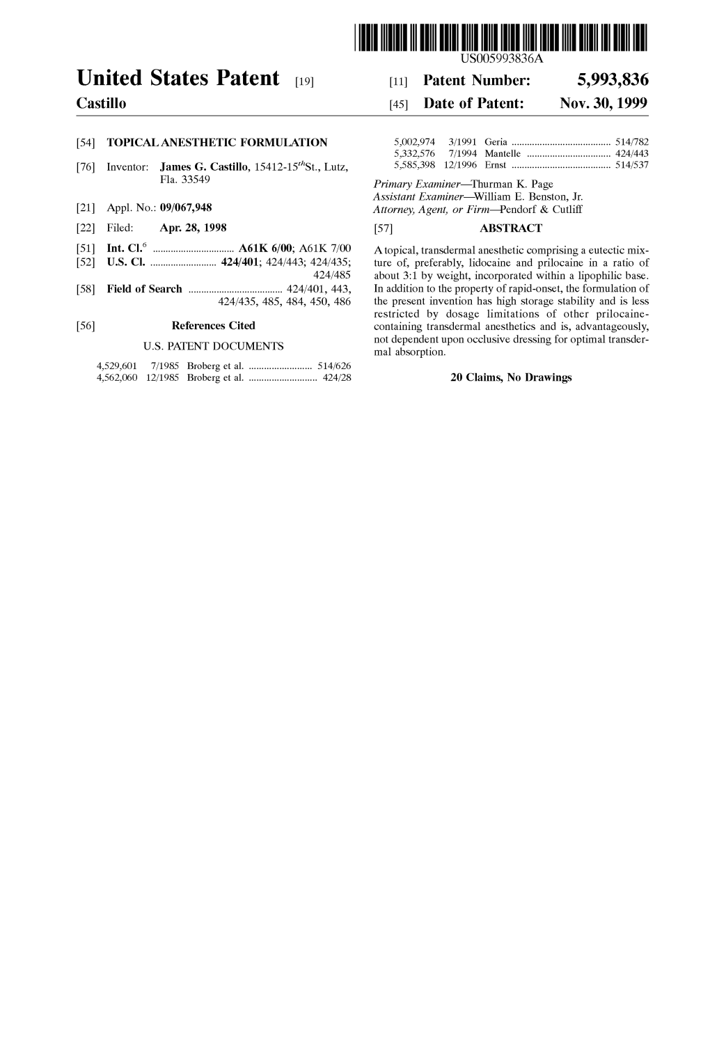 United States Patent (19) 11 Patent Number: 5,993,836 Castillo (45) Date of Patent: Nov.30, 1999