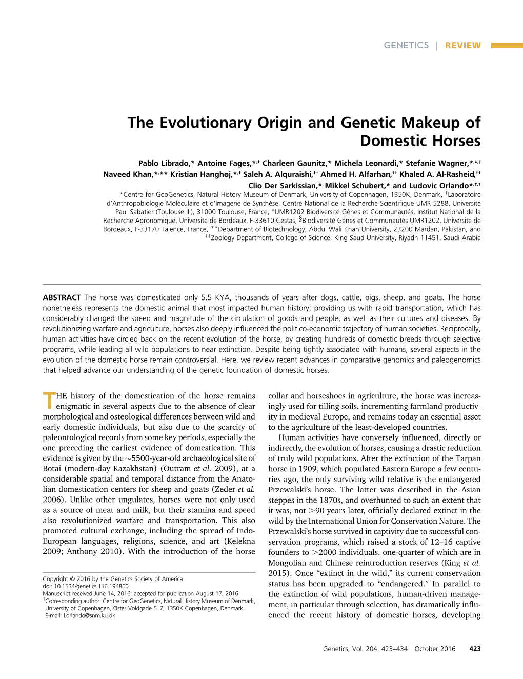 The Evolutionary Origin and Genetic Makeup of Domestic Horses