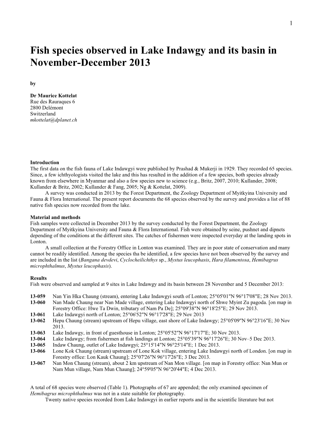 Fish Species Observed in Lake Indawgy and Its Basin in November-December 2013