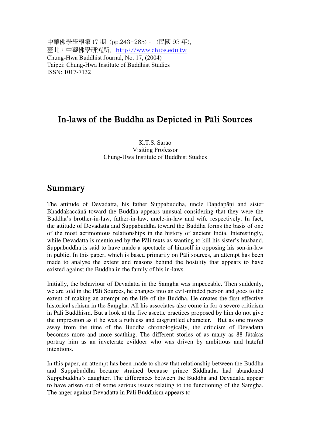 In-Laws of the Buddha As Depicted in Pāli Sources Summary