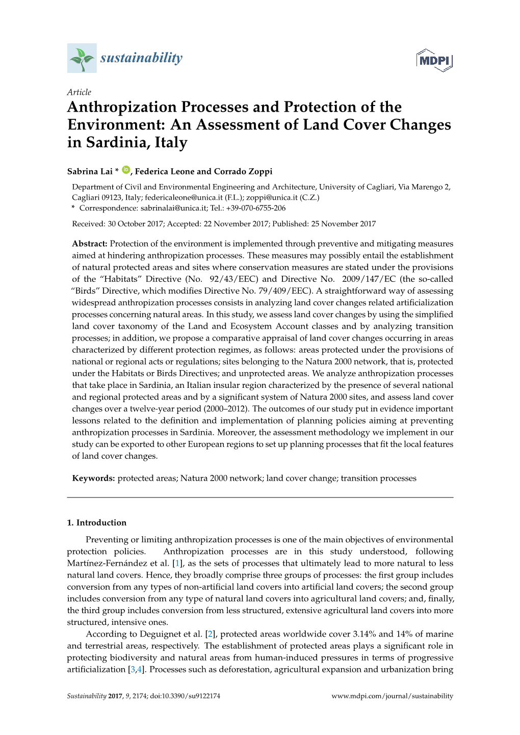 Anthropization Processes and Protection of the Environment: an Assessment of Land Cover Changes in Sardinia, Italy