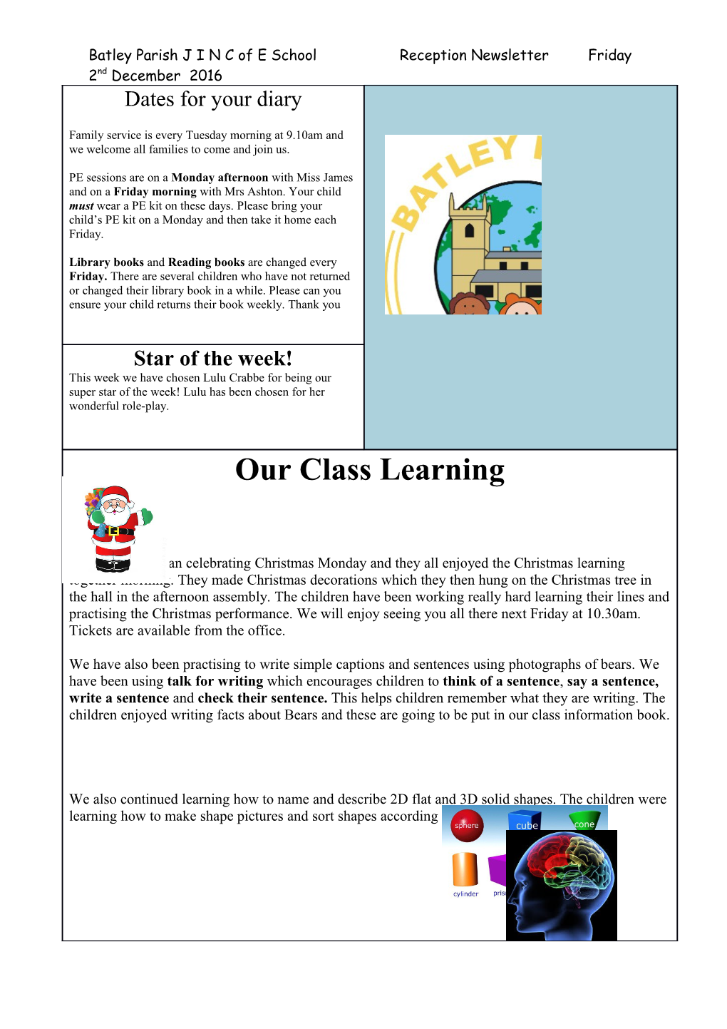 Batley Parish J I N C of E School Reception Newsletter Friday 2Nd December 2016