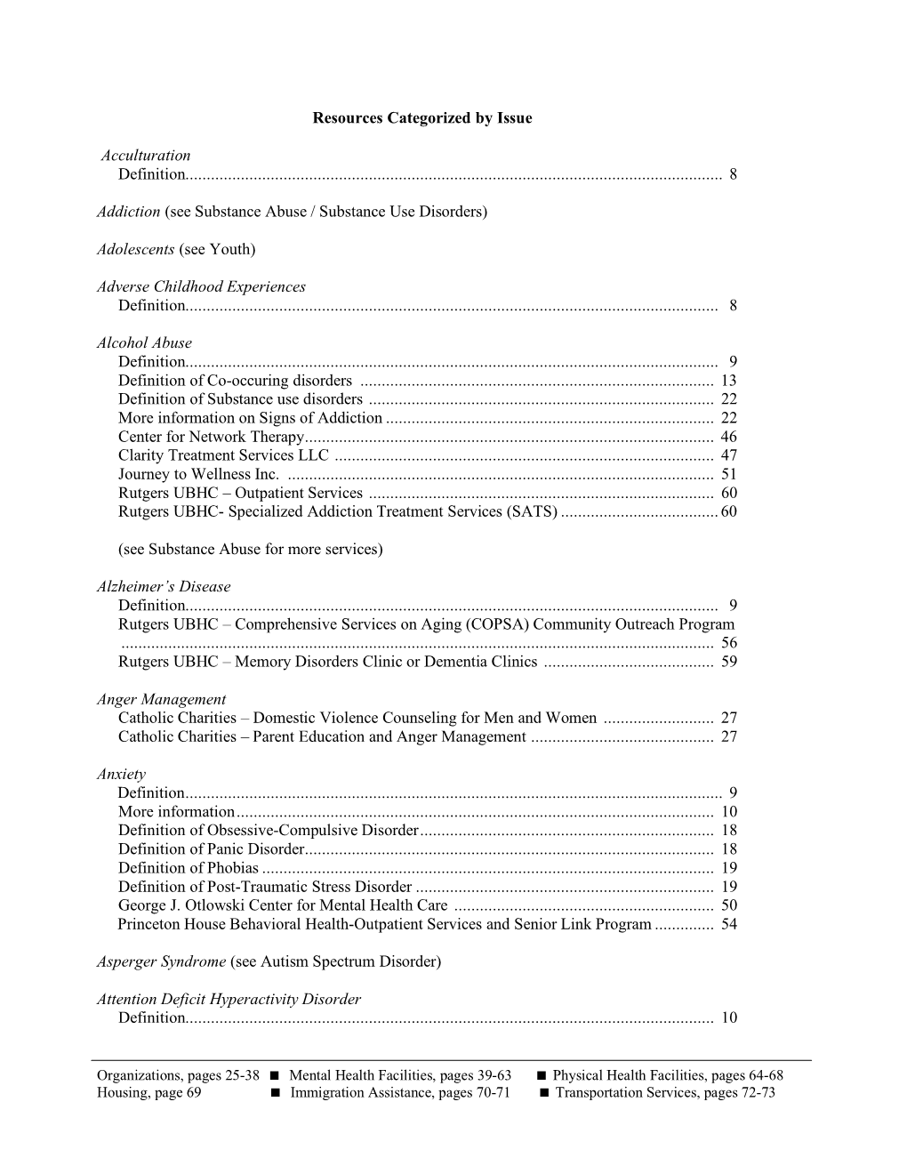 Organizations, Pages 25-38 Mental Health Facilities, Pages 39-63