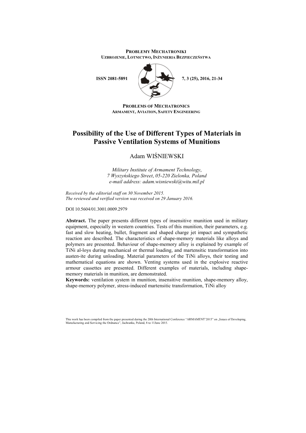 Possibility of the Use of Different Types of Materials in Passive Ventilation Systems of Munitions