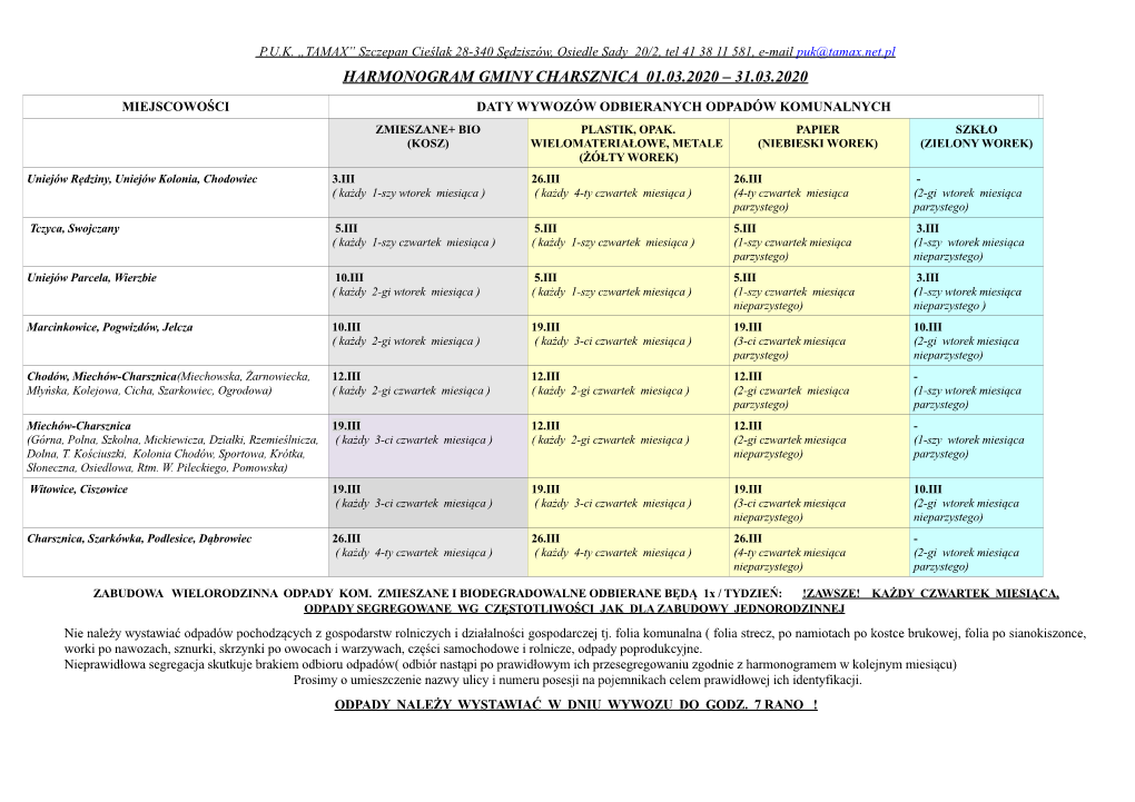 Harmonogram Gminy Charsznica 01.03.2020 – 31.03.2020