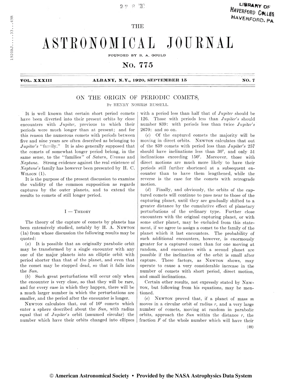 1920AJ. G R? Q 35P ASTEOSOMICAL JOÜENAI FOUNDED by B. A