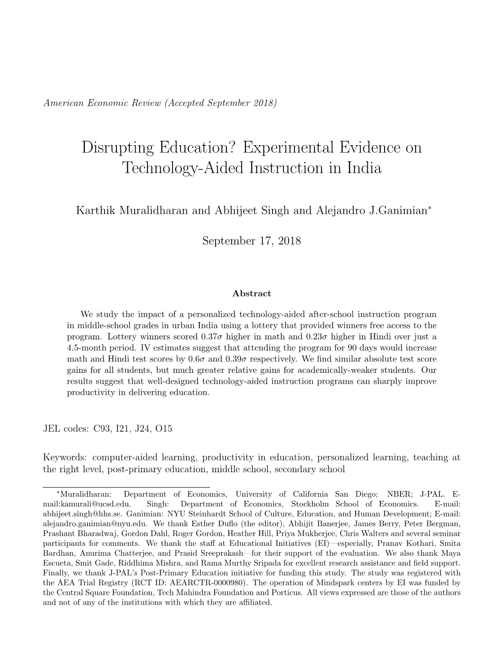 Disrupting Education? Experimental Evidence on Technology-Aided Instruction in India