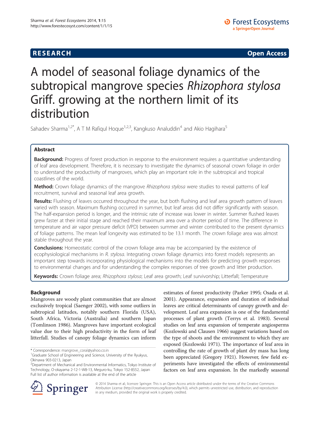 A Model of Seasonal Foliage Dynamics of the Subtropical Mangrove Species Rhizophora Stylosa Griff