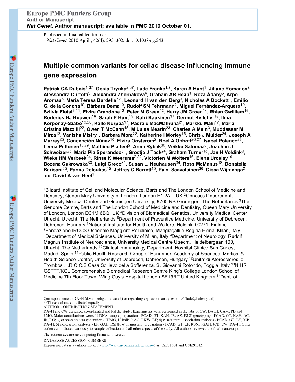 Multiple Common Variants for Celiac Disease Influencing Immune Gene Expression