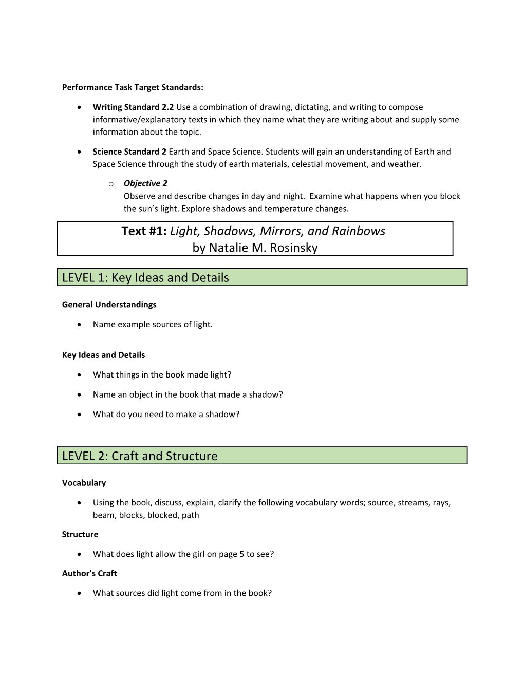 Performance Task Target Standards