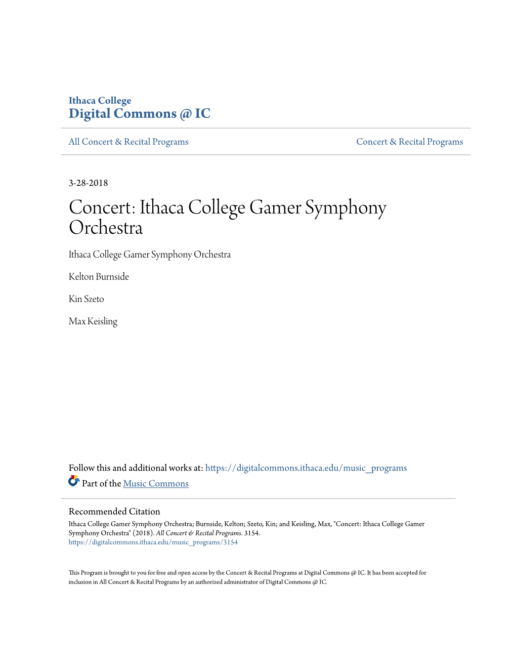 Concert: Ithaca College Gamer Symphony Orchestra Ithaca College Gamer Symphony Orchestra