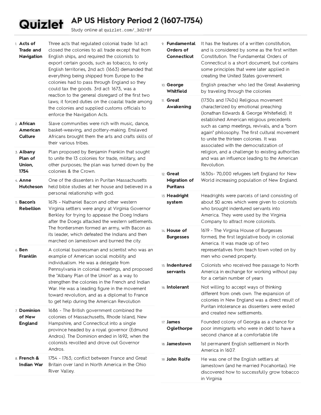 AP US History Period 2 (1607-1754) Study Online at Quizlet.Com/ 3D2r8f