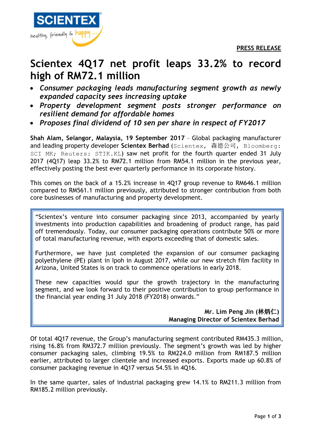 Scientex 4Q17 Net Profit Leaps 33.2% to Record High Of