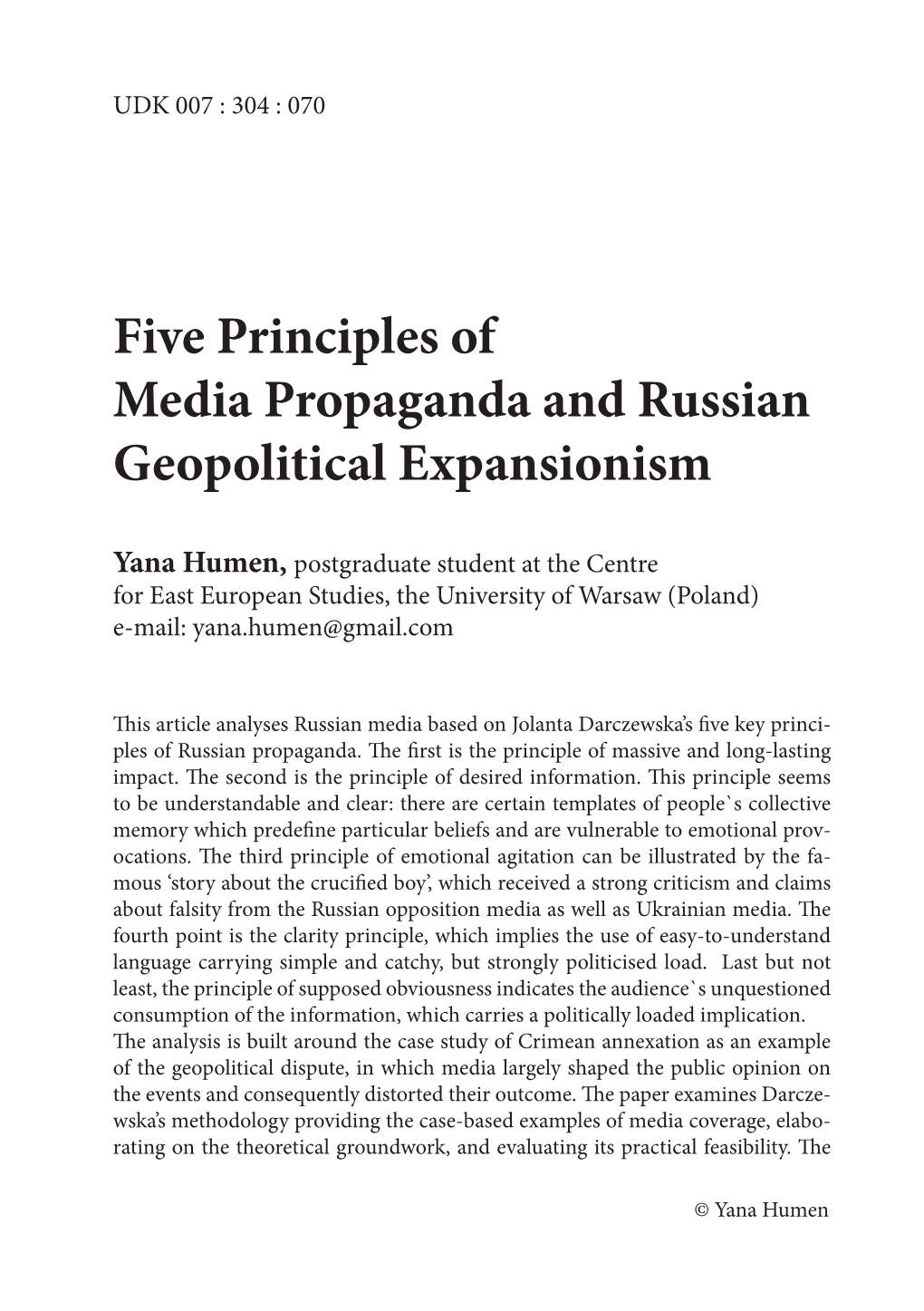 Five Principles of Media Propaganda and Russian Geopolitical Expansionism