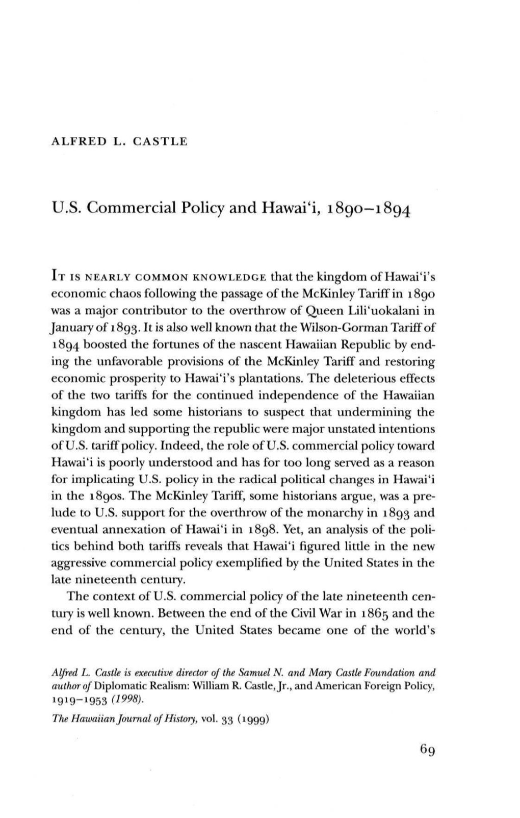 U.S. Commercial Policy and Hawai'i, 1890—1894