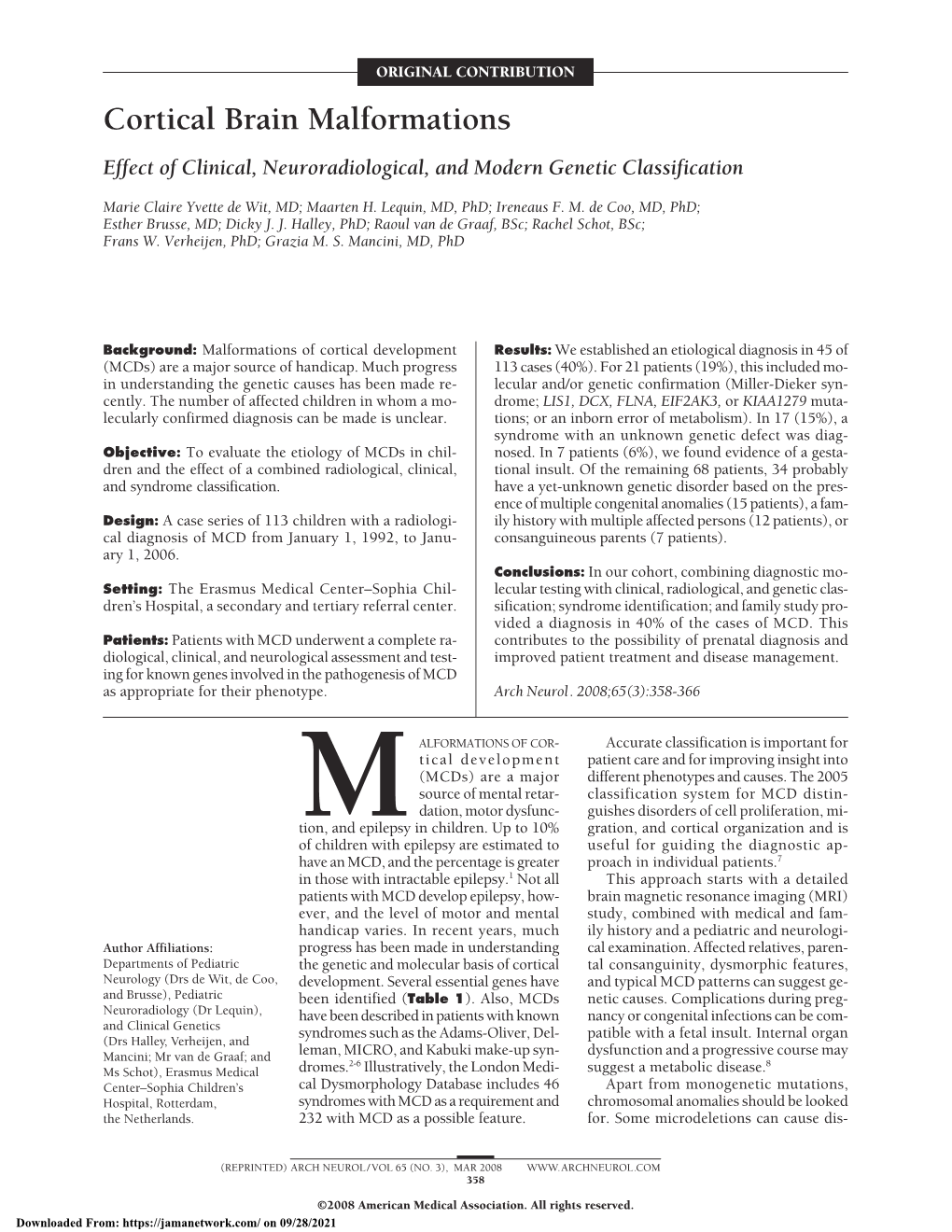 Cortical Brain Malformations: Effect of Clinical, Neuroradiological, and Modern Genetic Classification