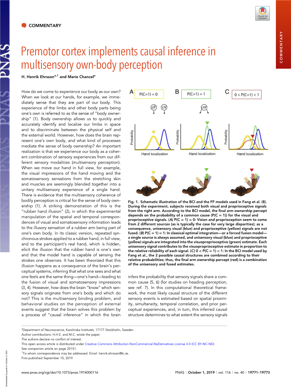 Premotor Cortex Implements Causal Inference in Multisensory Own-Body