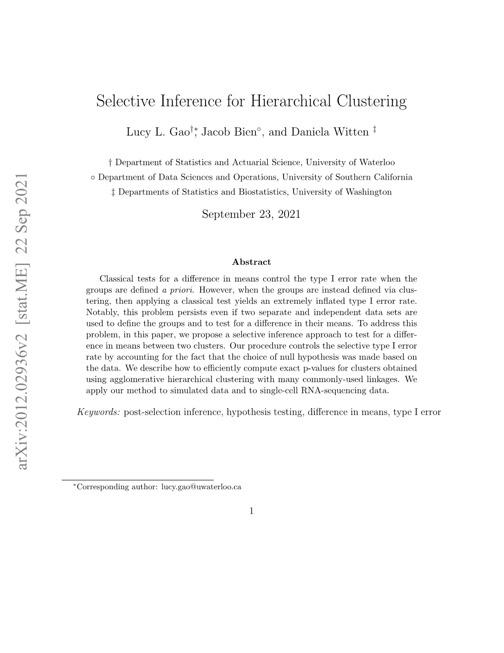 Selective Inference for Hierarchical Clustering Arxiv:2012.02936V1