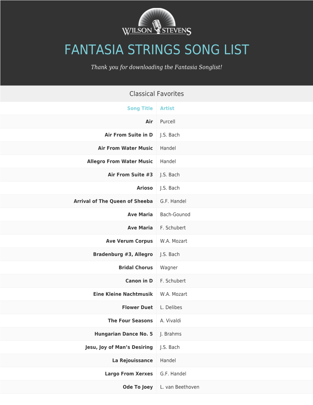 Fantasia Strings Song List