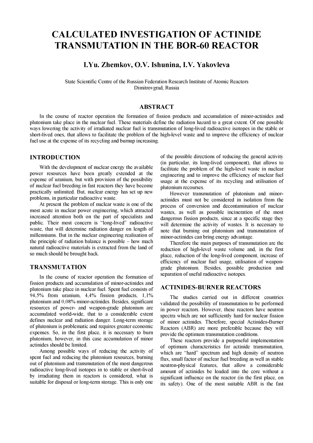 Calculated Investigation of Actinide Transmutation in the Bor-60 Reactor