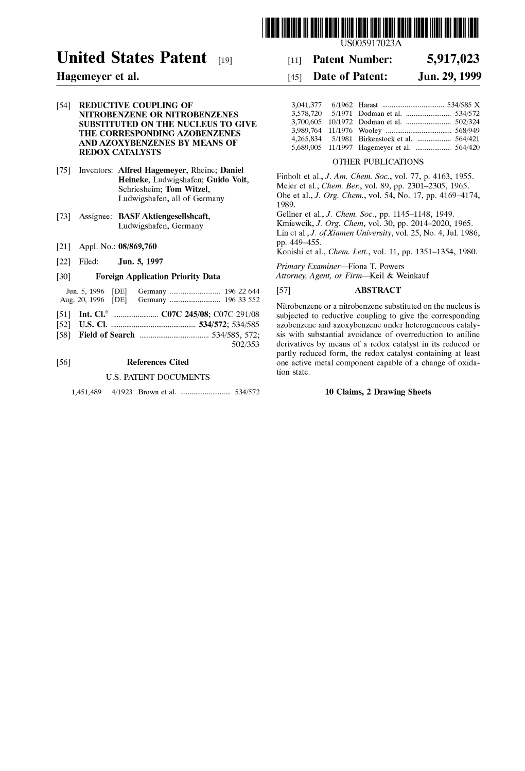 United States Patent (19) 11 Patent Number: 5,917,023 Hagemeyer Et Al