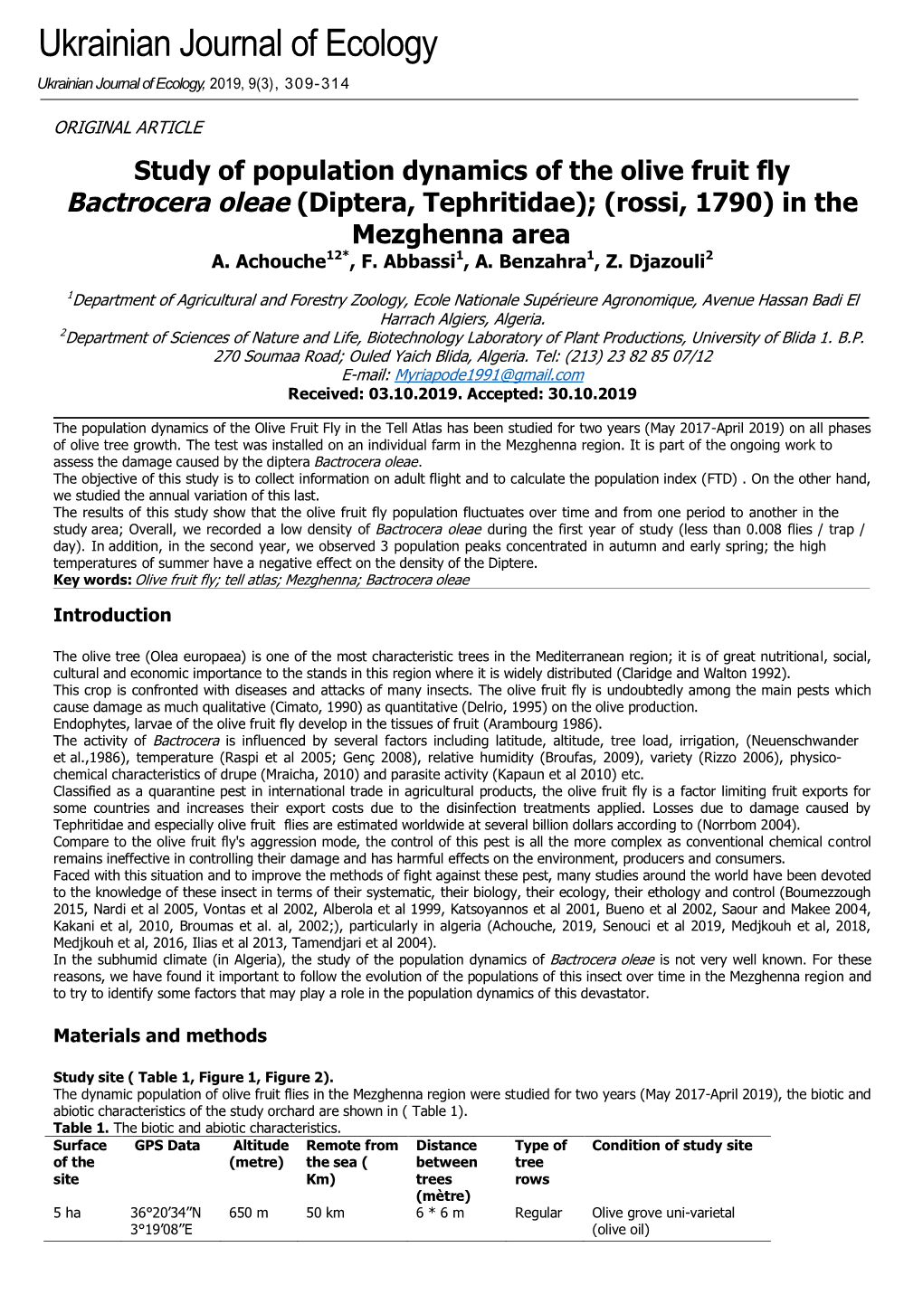 Study of Population Dynamics of the Olive Fruit Fly Bactrocera Oleae (Diptera, Tephritidae); (Rossi, 1790) in the Mezghenna Area A