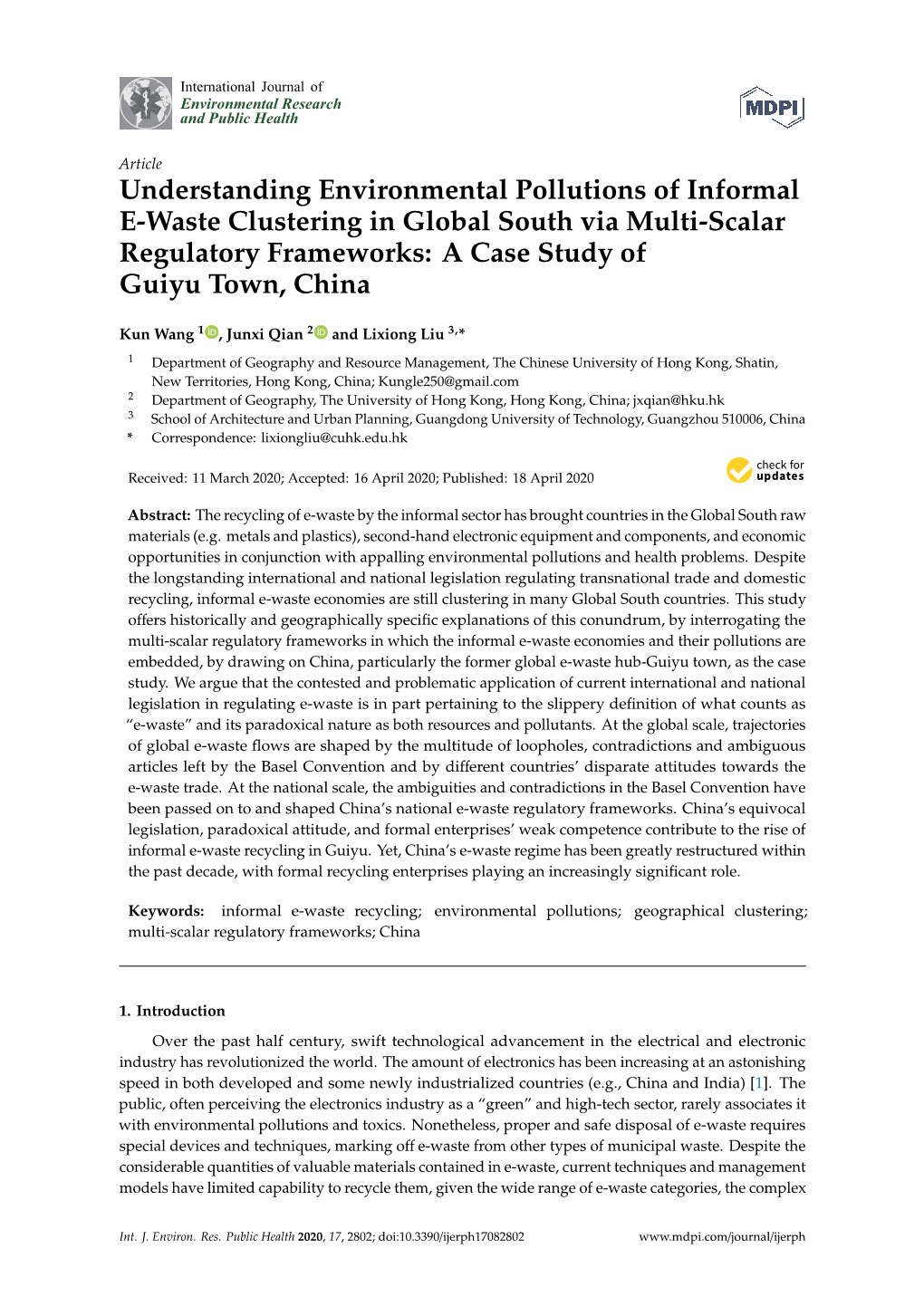 Understanding Environmental Pollutions of Informal E-Waste Clustering in Global South Via Multi-Scalar Regulatory Frameworks: a Case Study of Guiyu Town, China