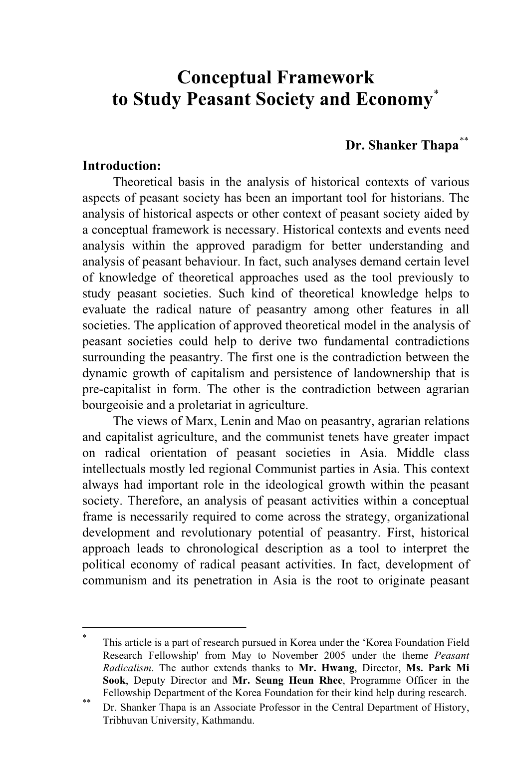 Conceptual Framework to Study Peasant Society and Economy*