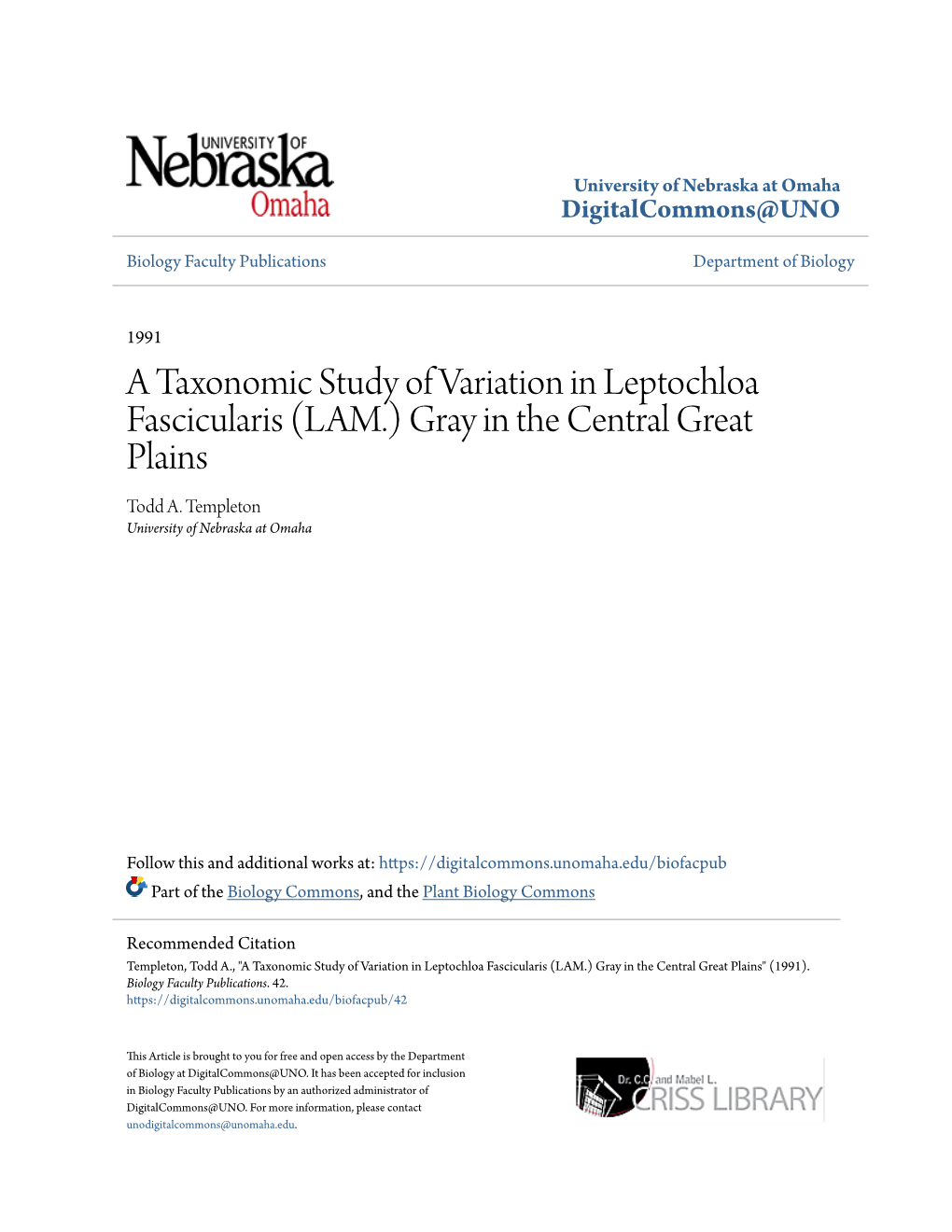 A Taxonomic Study of Variation in Leptochloa Fascicularis (LAM.) Gray in the Central Great Plains Todd A