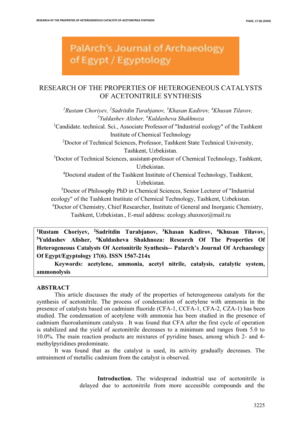 Research of the Properties of Heterogeneous Catalysts of Acetonitrile Synthesis Pjaee, 17 (6) (2020)