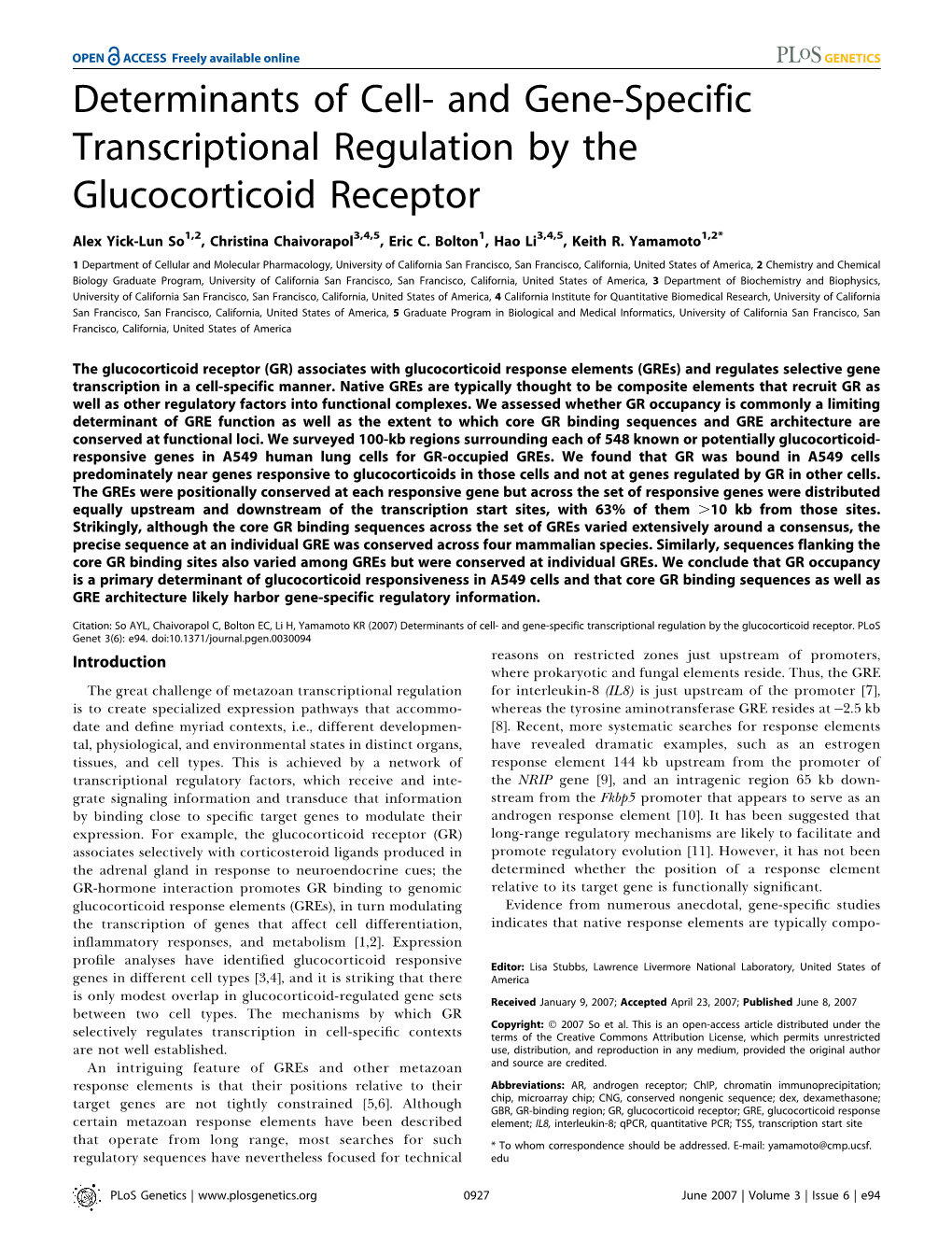 And Gene-Specific Transcriptional Regulation by the Glucocorticoid Receptor