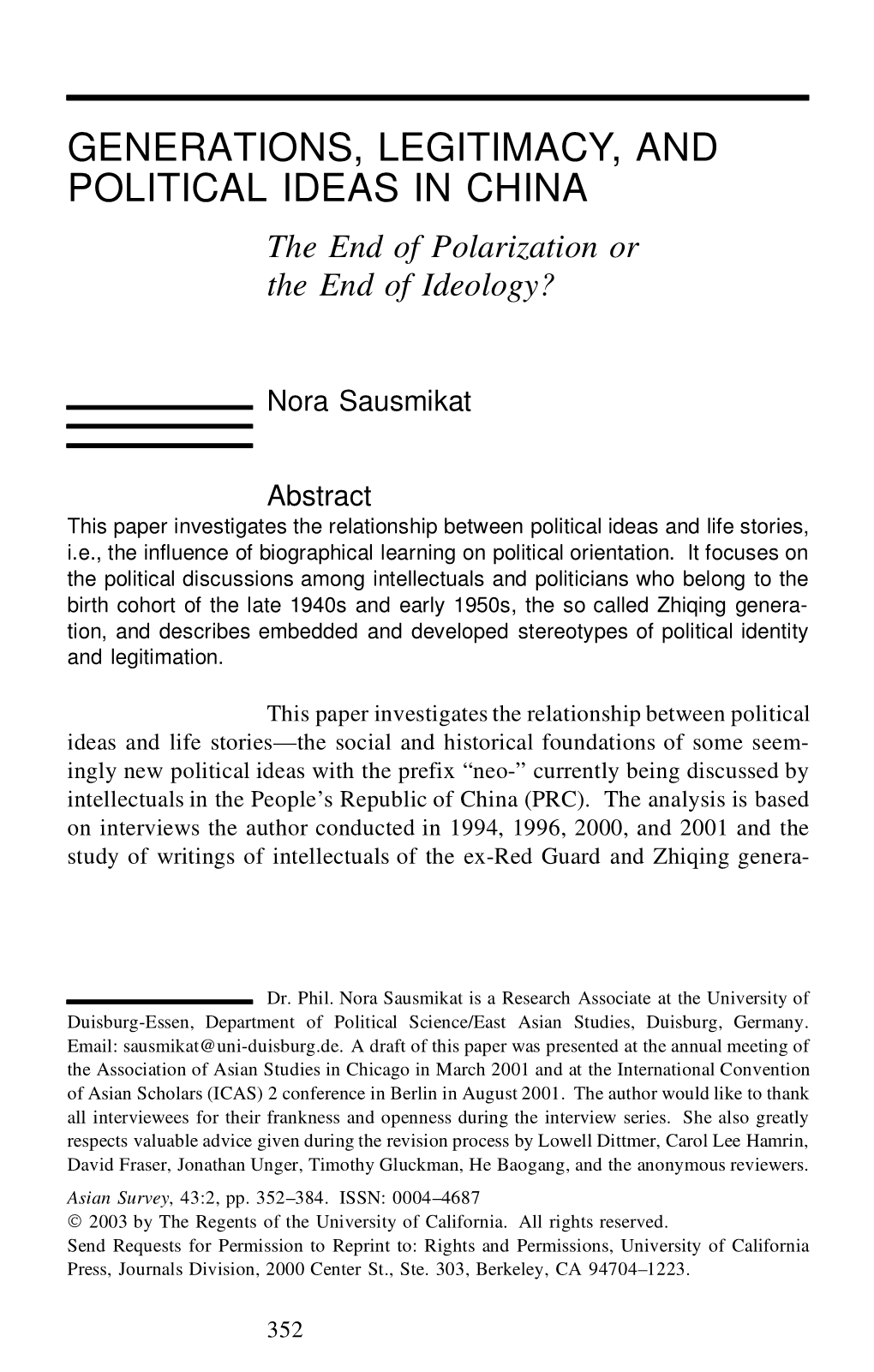 Generations, Legitimacy, and Political Ideas in China: the End Of
