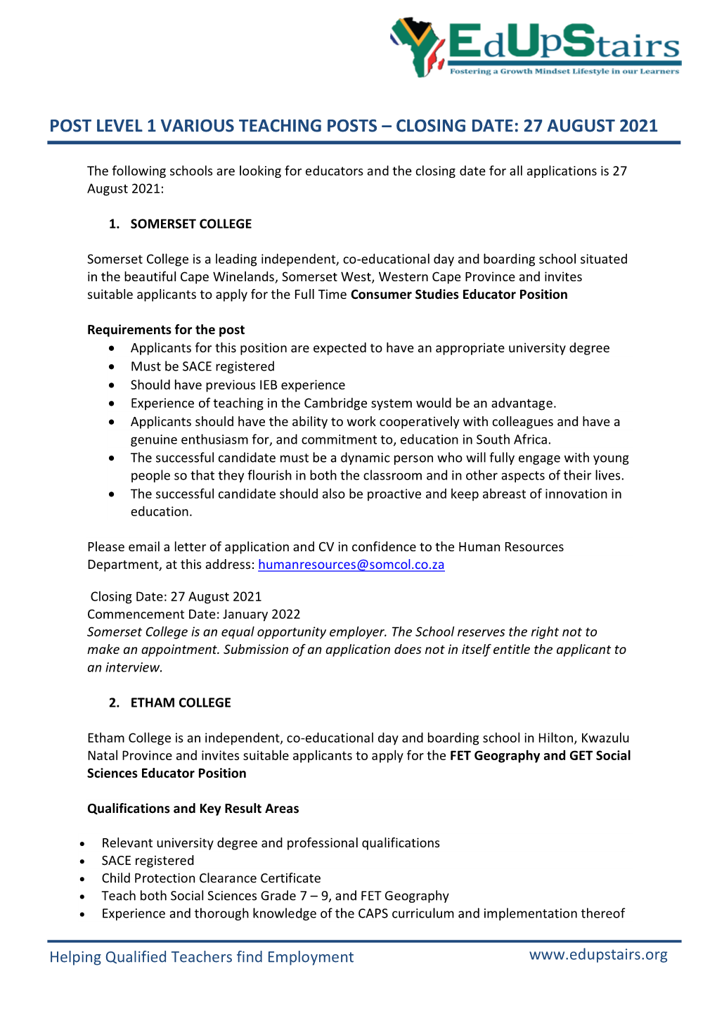 Post Level 1 Various Teaching Posts – Closing Date: 27 August 2021