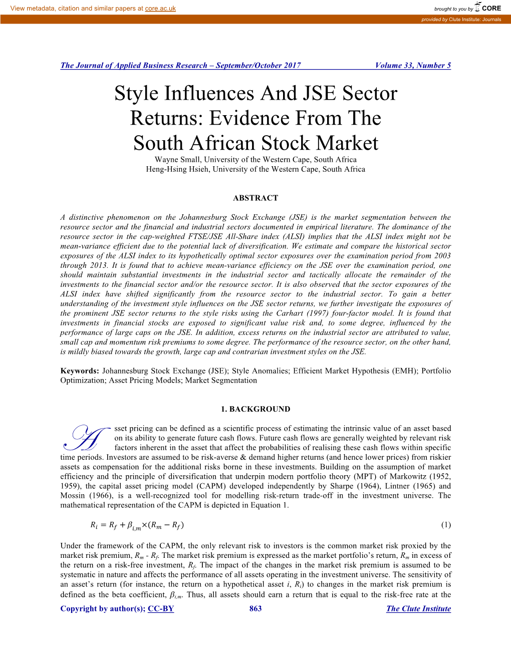 Style Influences and JSE Sector Returns: Evidence from the South