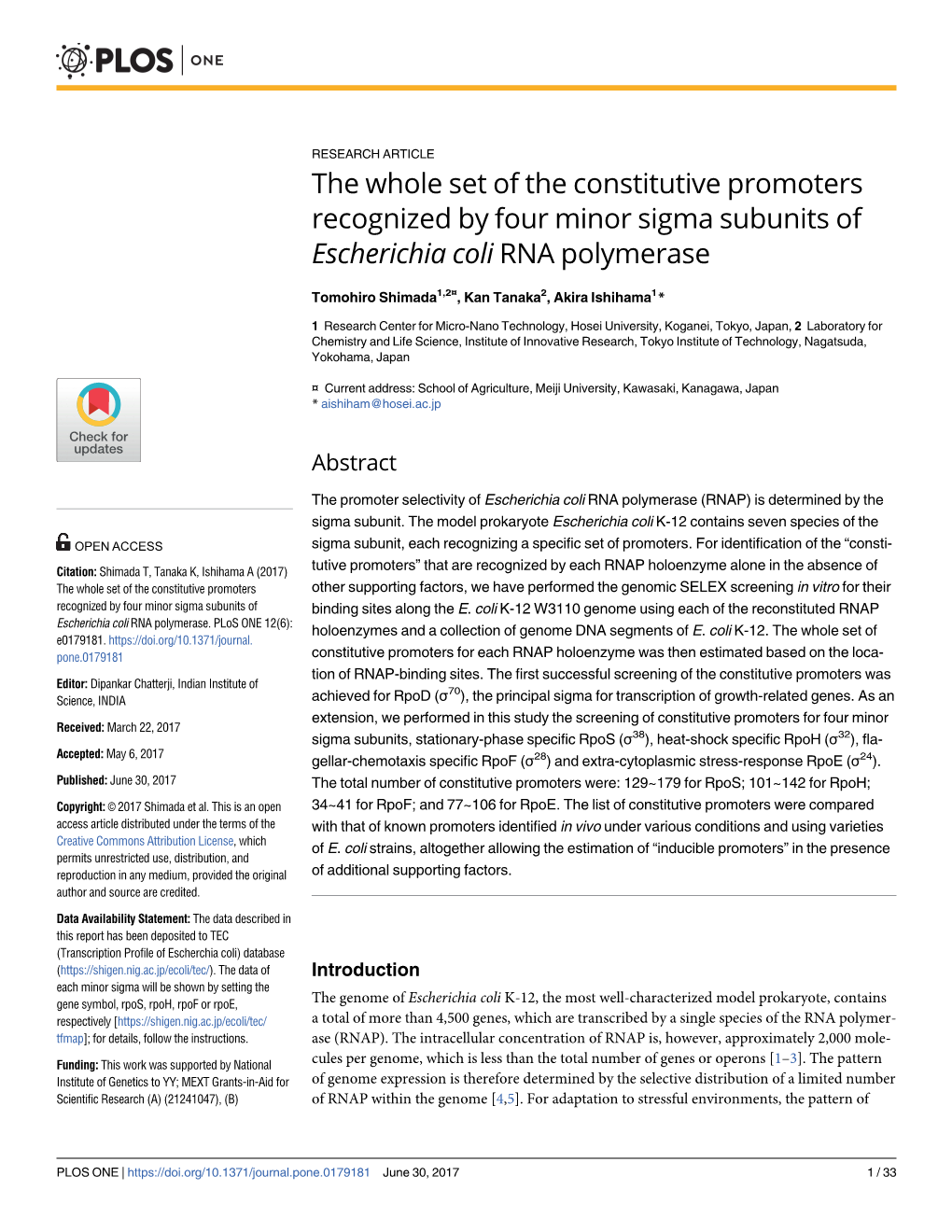The Whole Set of the Constitutive Promoters Recognized by Four Minor Sigma Subunits of Escherichia Coli RNA Polymerase
